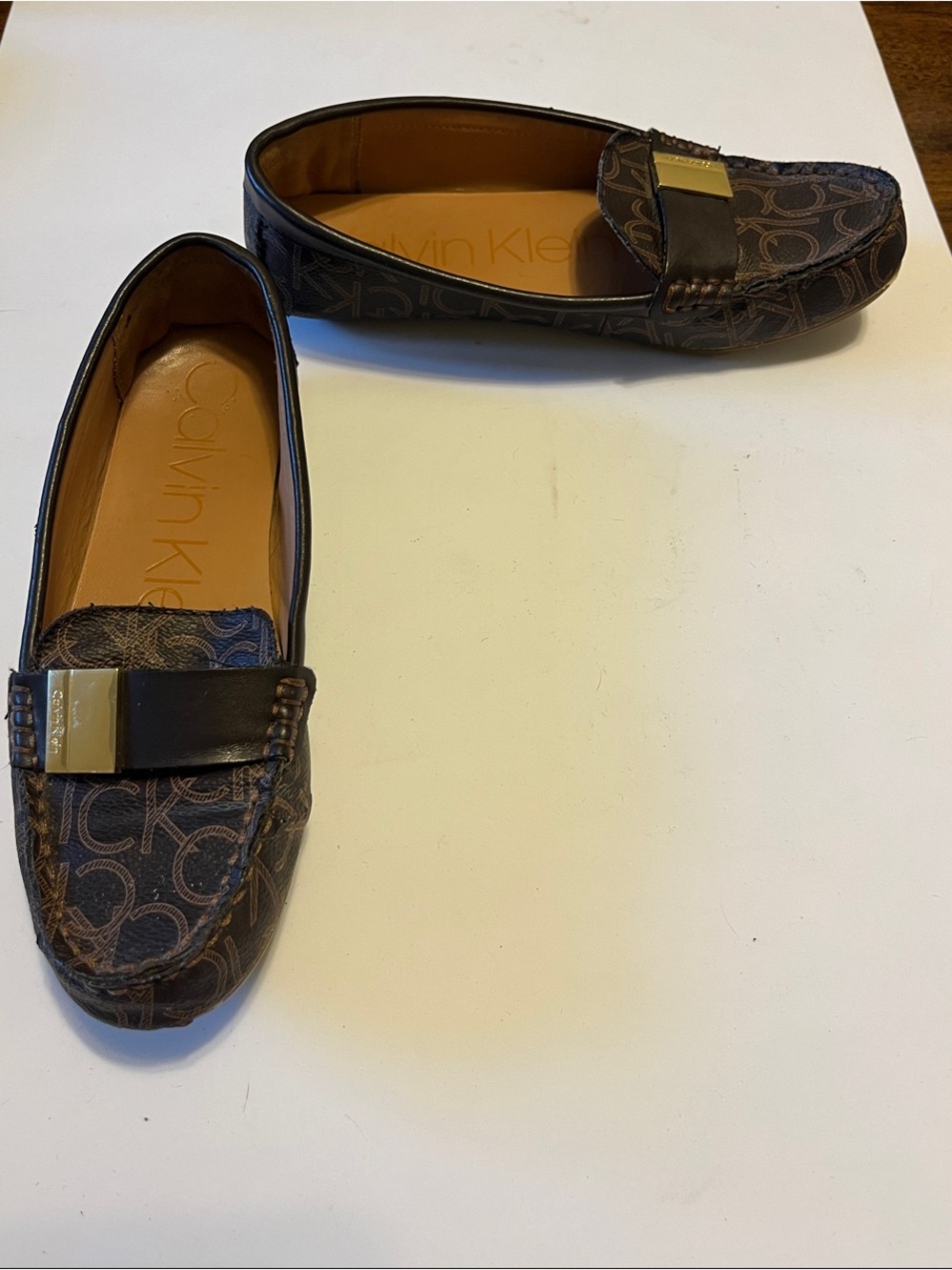 Calvin Klein Lisa Dark Brown Monogram Loafers with Gold Accent